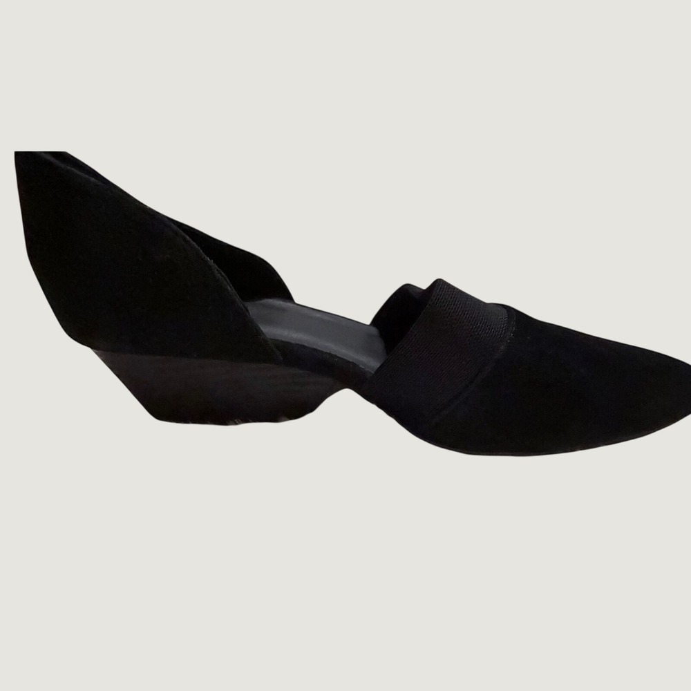 Eileen Fisher Black Suede Pointed Toe D'Orsay Elastic Strap Block Heel Pumps 7.5 - Picture 12 of 16
